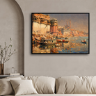 Classic Varanasi Ghats Impressionist Wall Art | Vintage Oil Painting Print 3 : 2 Horizontal Premium Wall Art Canvas by MeriDeewar