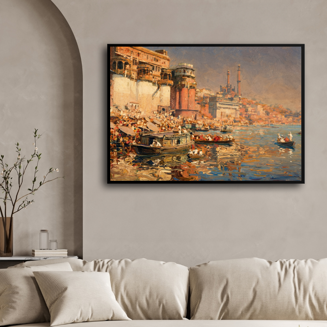 Classic Varanasi Ghats Impressionist Wall Art | Vintage Oil Painting Print 3 : 2 Horizontal Premium Wall Art Canvas by MeriDeewar