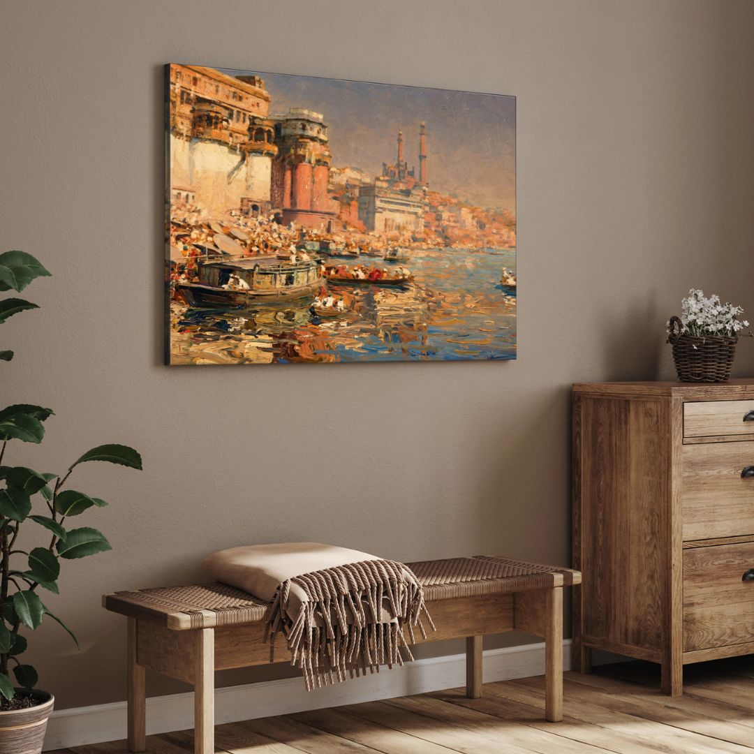Classic Varanasi Ghats Impressionist Wall Art | Vintage Oil Painting Print 3 : 2 Horizontal Premium Wall Art Canvas by MeriDeewar