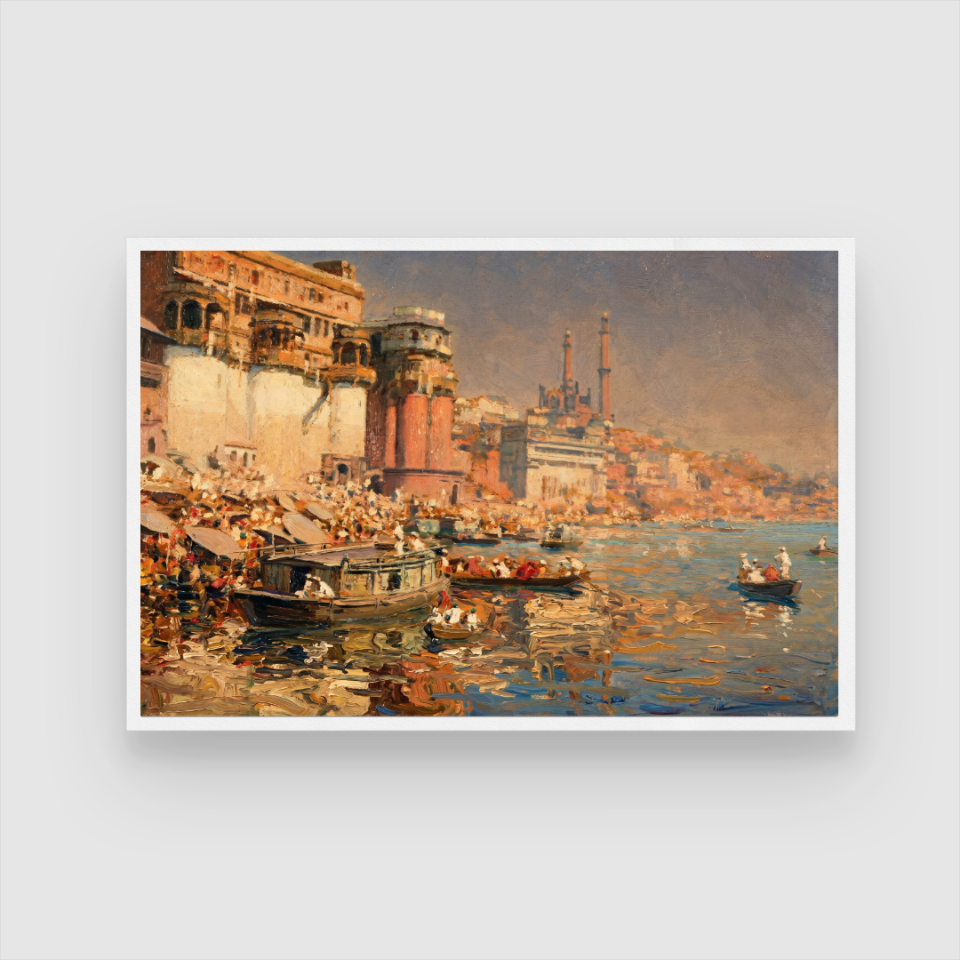 Classic Varanasi Ghats Impressionist Wall Art | Vintage Oil Painting Print 3 : 2 Horizontal Premium Wall Art Canvas by MeriDeewar
