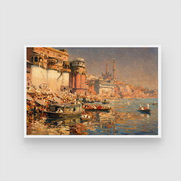 Classic Varanasi Ghats Impressionist Wall Art | Vintage Oil Painting Print 3 : 2 Horizontal Premium Wall Art Canvas by MeriDeewar