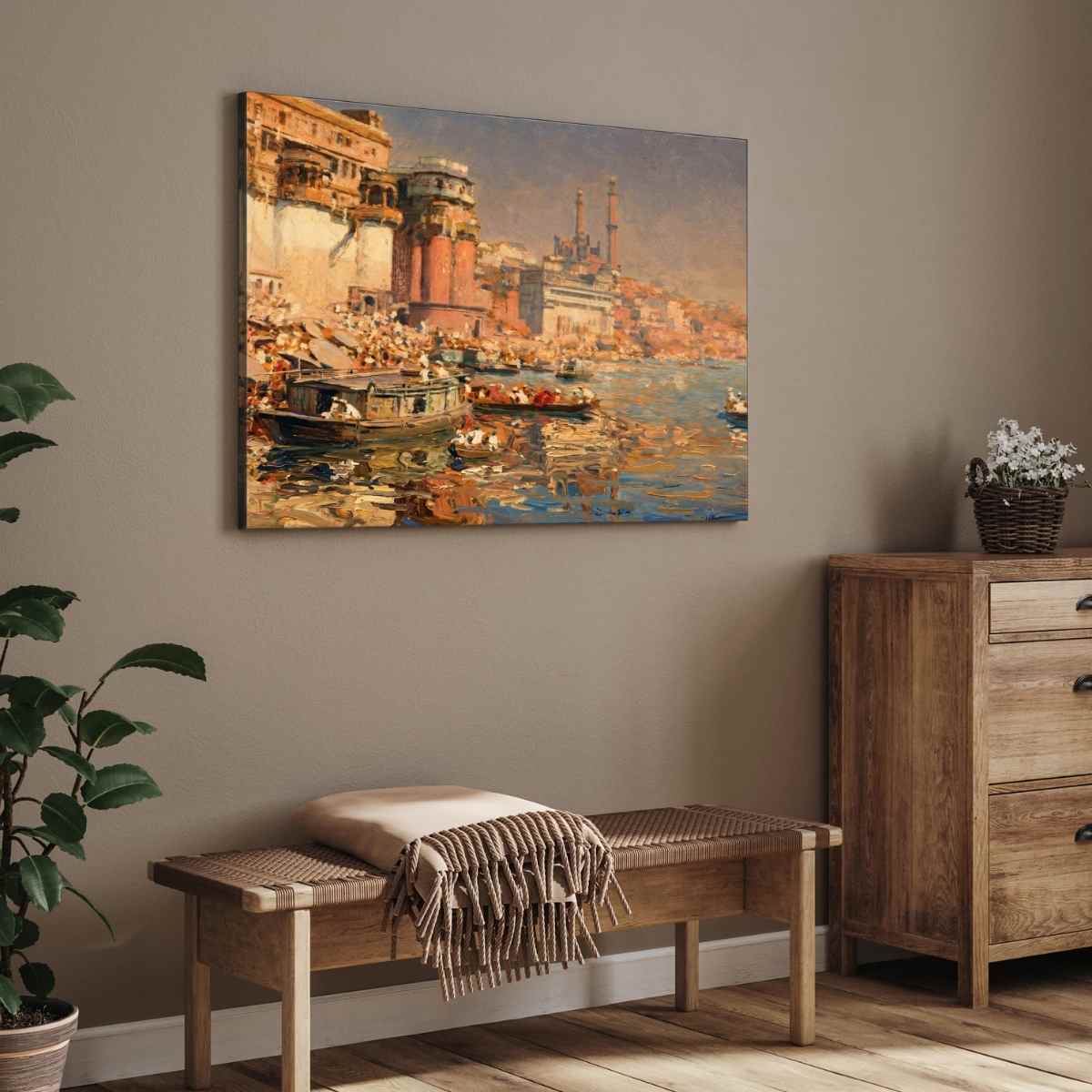Classic Varanasi Ghats Impressionist Wall Art | Vintage Oil Painting Print 3 : 2 Horizontal Premium Wall Art Canvas by MeriDeewar