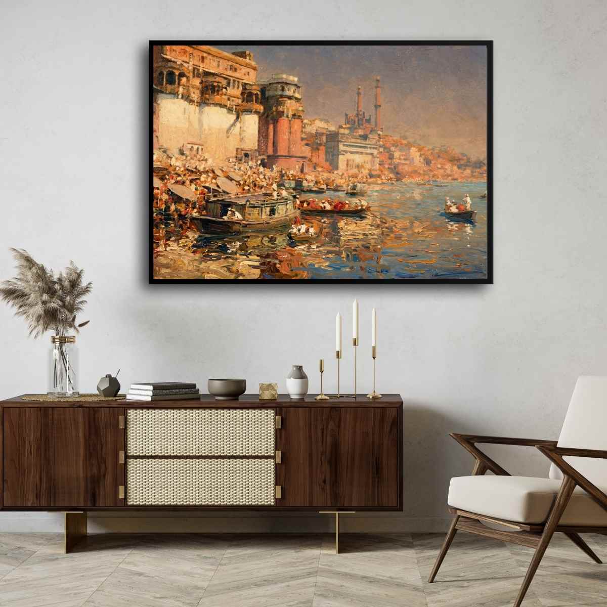 Classic Varanasi Ghats Impressionist Wall Art | Vintage Oil Painting Print 3 : 2 Horizontal Premium Wall Art Canvas by MeriDeewar