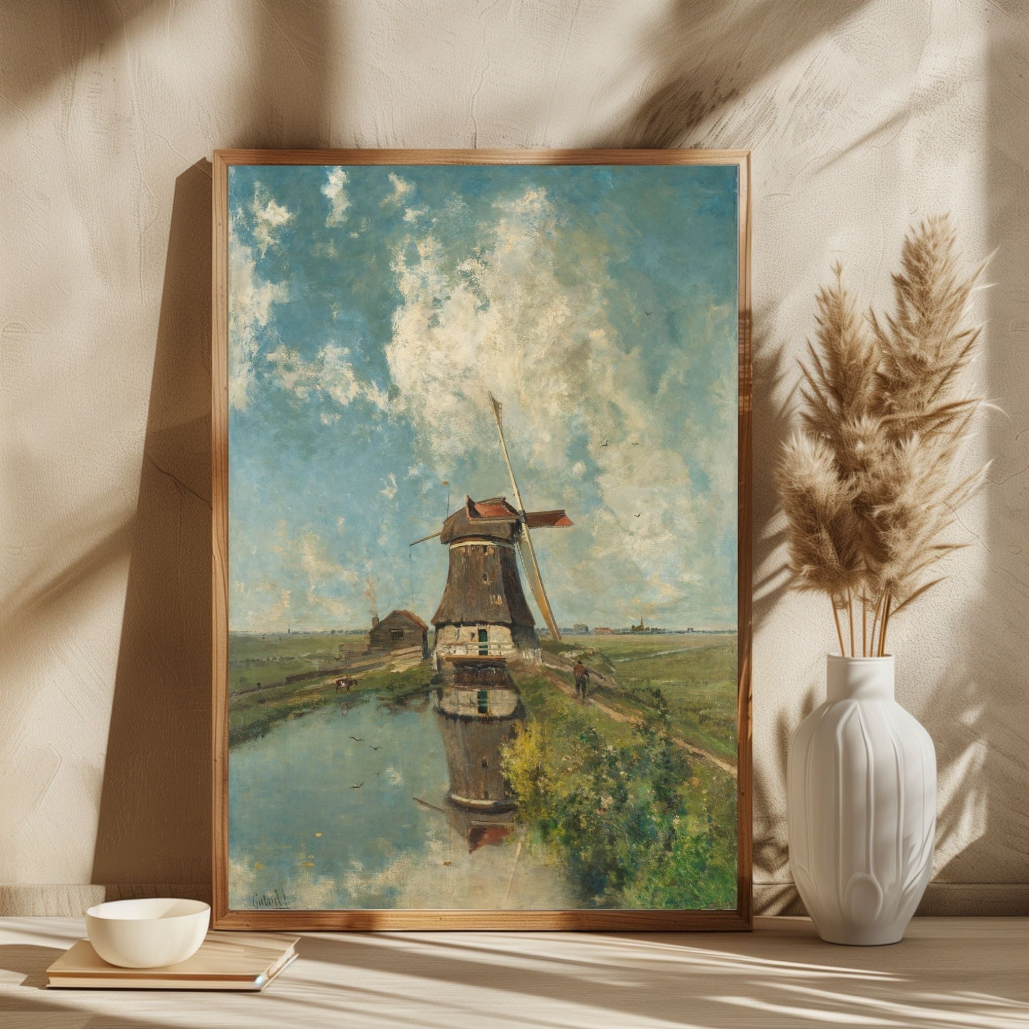 Classic Windmill on Polder Waterway Painting 2 : 3 Vertical Premium Wall Art Canvas by MeriDeewar