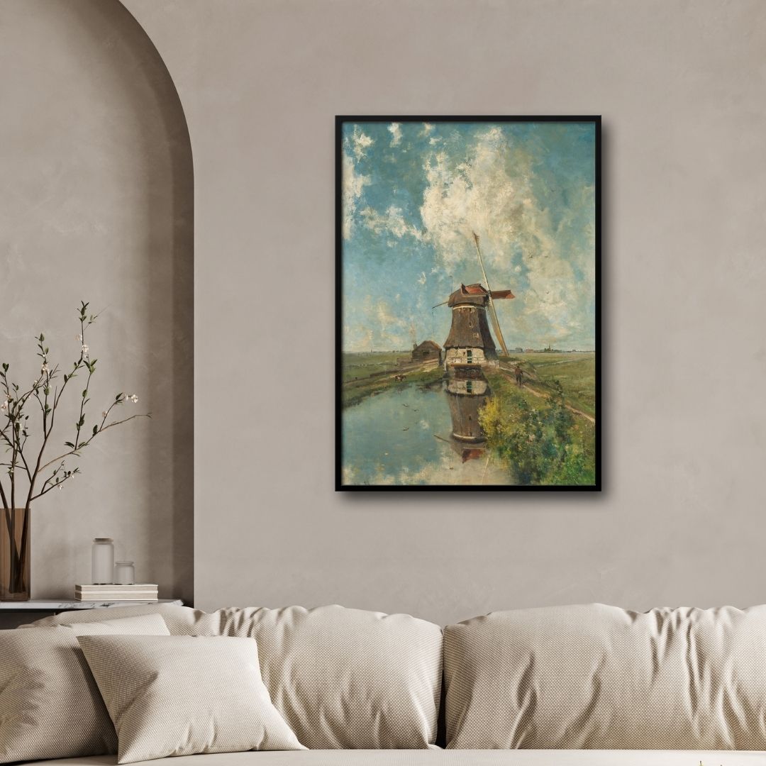 Classic Windmill on Polder Waterway Painting 2 : 3 Vertical Premium Wall Art Canvas by MeriDeewar