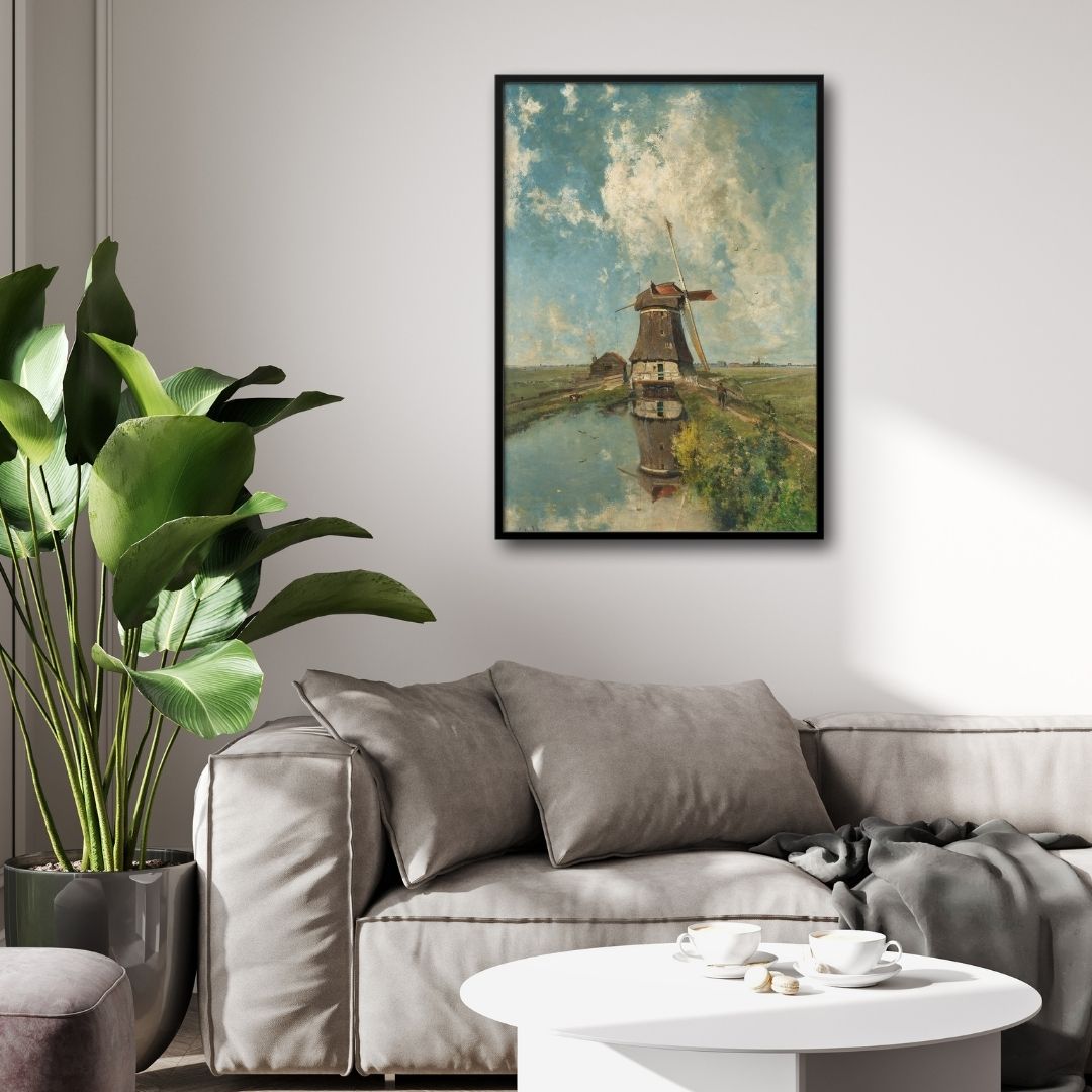 Classic Windmill on Polder Waterway Painting 2 : 3 Vertical Premium Wall Art Canvas by MeriDeewar