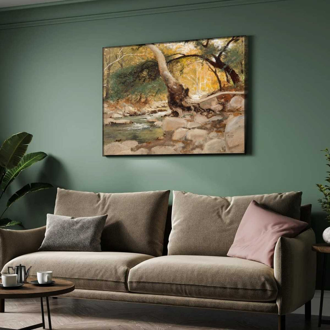 Classical Autumn Forest Stream Oil Painting | Horizontal Framed Print 4 : 3 Horizontal Premium Wall Art Canvas by MeriDeewar