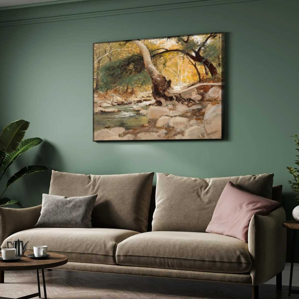 Classical Autumn Forest Stream Oil Painting | Horizontal Framed Print 4 : 3 Horizontal Premium Wall Art Canvas by MeriDeewar