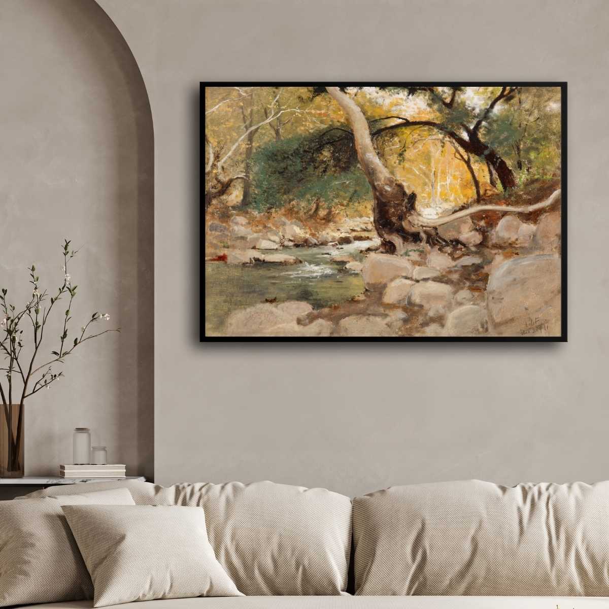Classical Autumn Forest Stream Oil Painting | Horizontal Framed Print 4 : 3 Horizontal Premium Wall Art Canvas by MeriDeewar
