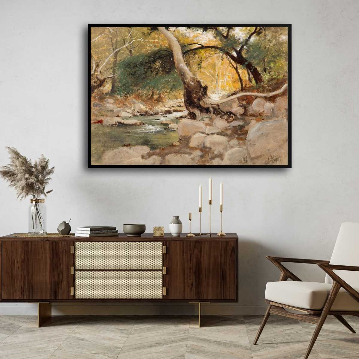 Classical Autumn Forest Stream Oil Painting | Horizontal Framed Print 4 : 3 Horizontal Premium Wall Art Canvas by MeriDeewar