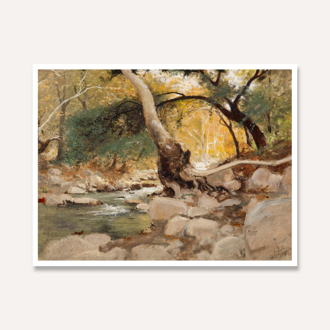 Classical Autumn Forest Stream Oil Painting | Horizontal Framed Print 4 : 3 Horizontal Premium Wall Art Canvas by MeriDeewar