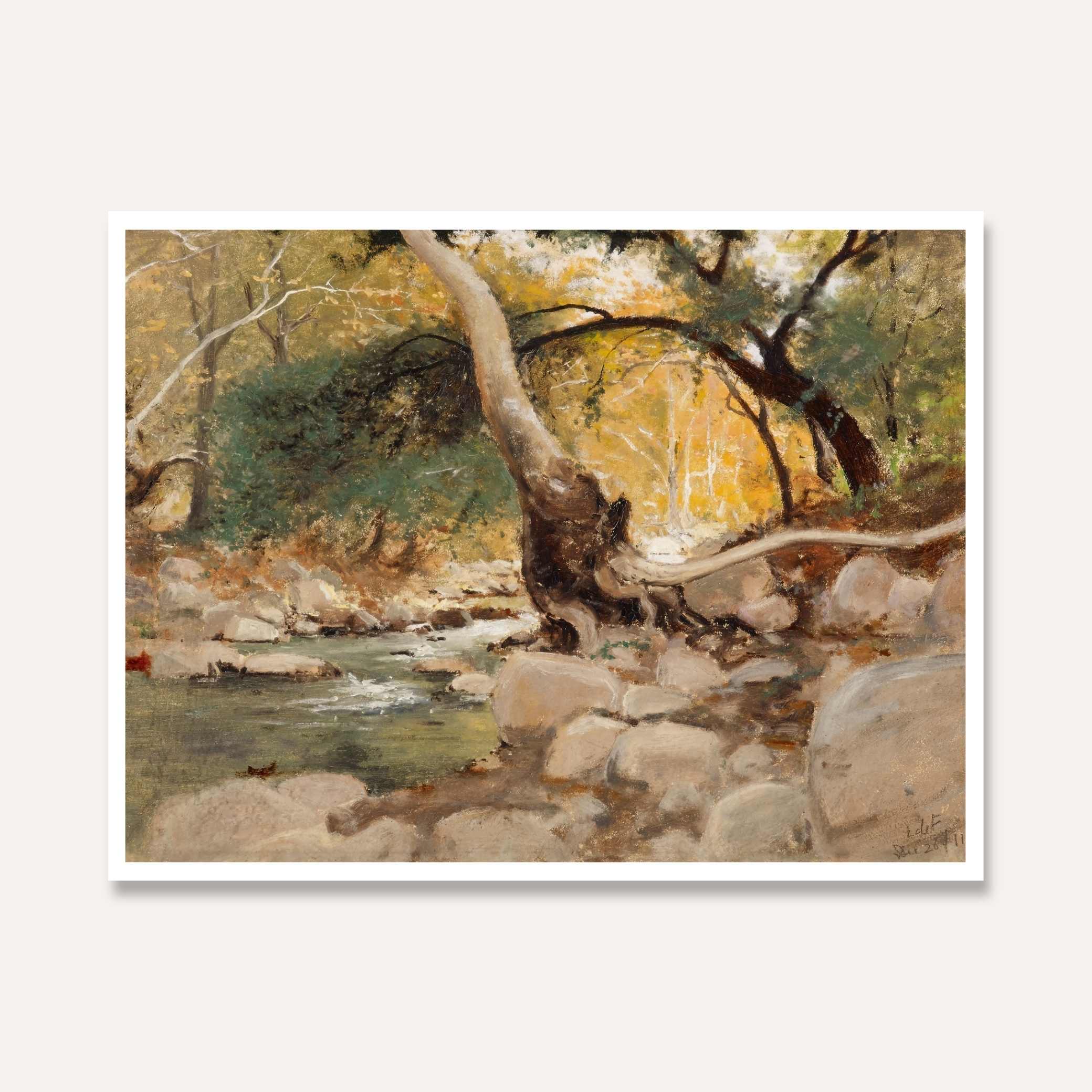 Classical Autumn Forest Stream Oil Painting | Horizontal Framed Print 4 : 3 Horizontal Premium Wall Art Canvas by MeriDeewar
