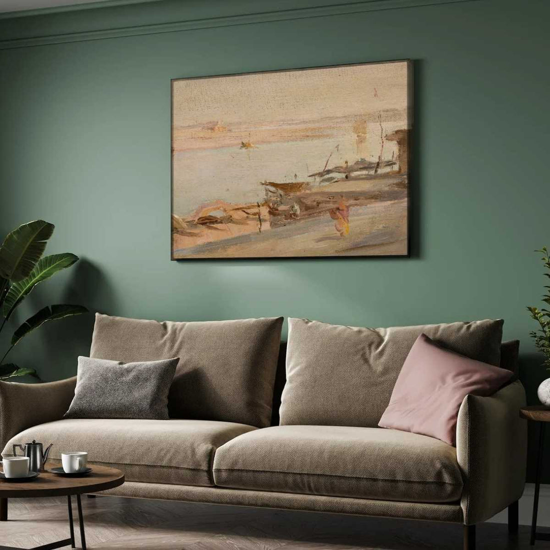 Classical Benares Gange River Oil Painting | Horizontal Framed Print 4 : 3 Horizontal Premium Wall Art Canvas by MeriDeewar