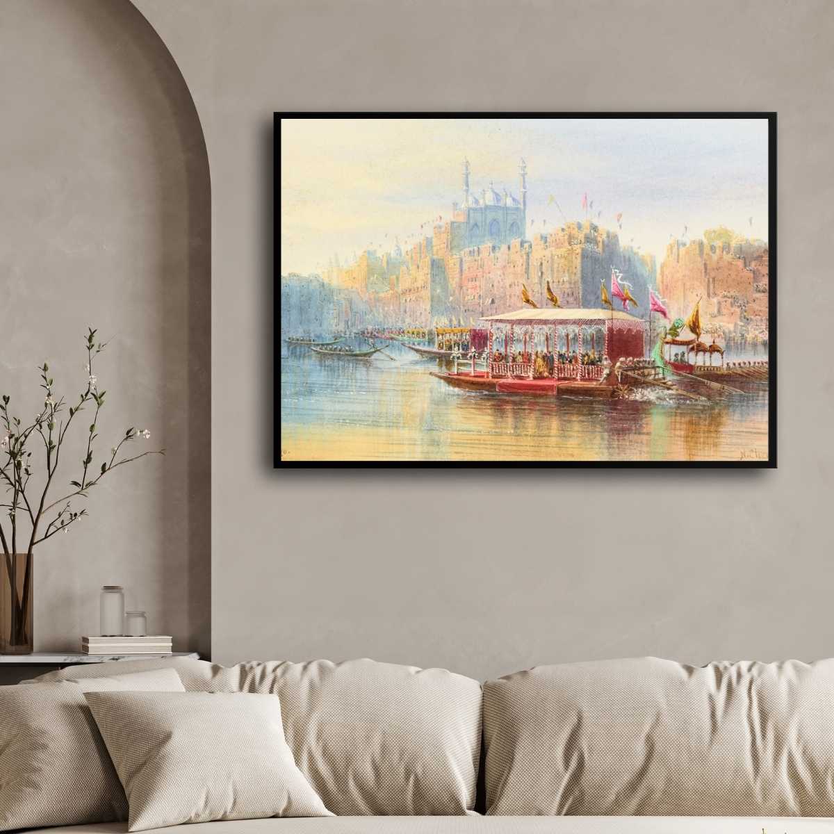 Classical Benares Royal Barge on Ganga Painting | Horizontal Framed Print 2 : 3 Horizontal Premium Wall Art Canvas by MeriDeewar
