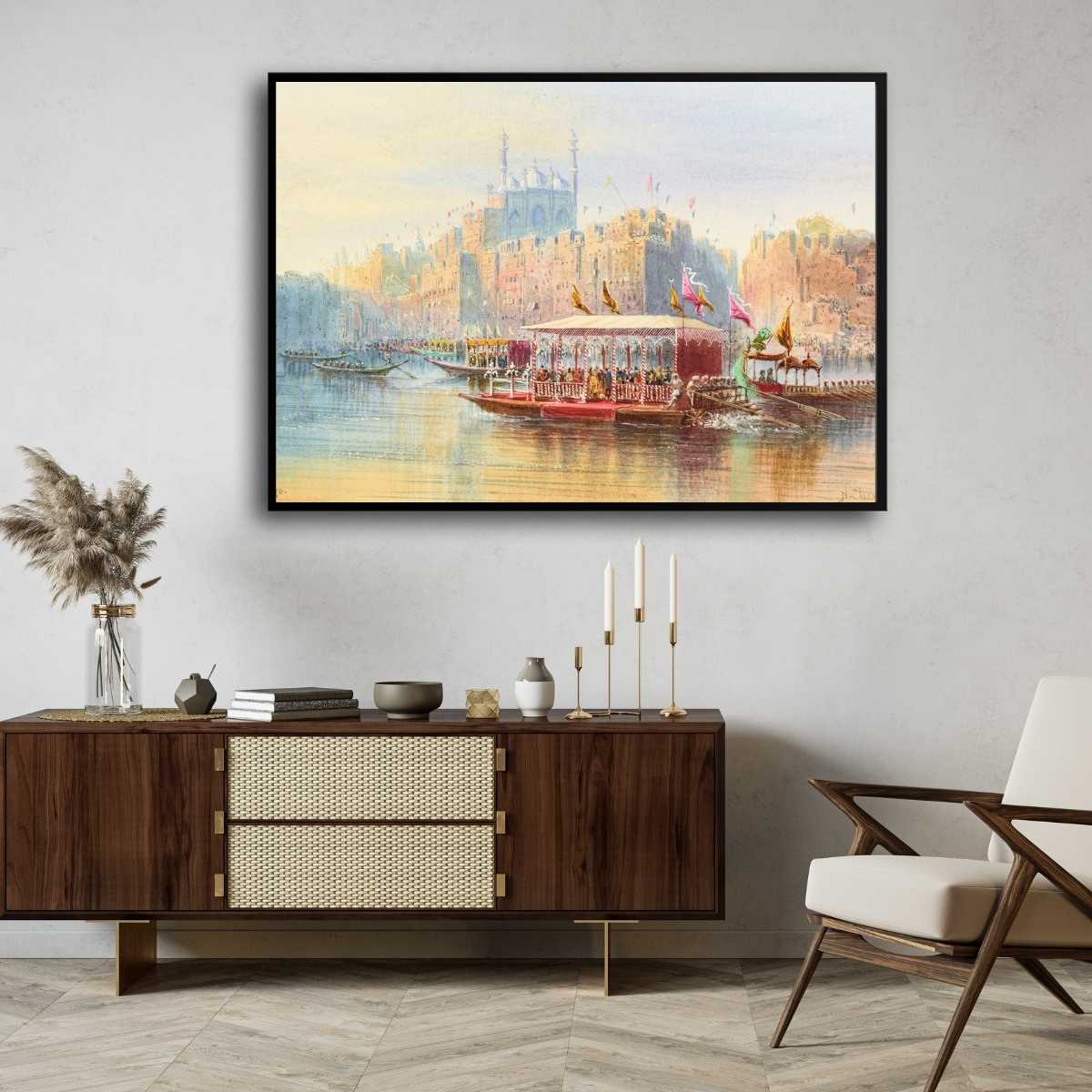 Classical Benares Royal Barge on Ganga Painting | Horizontal Framed Print 2 : 3 Horizontal Premium Wall Art Canvas by MeriDeewar