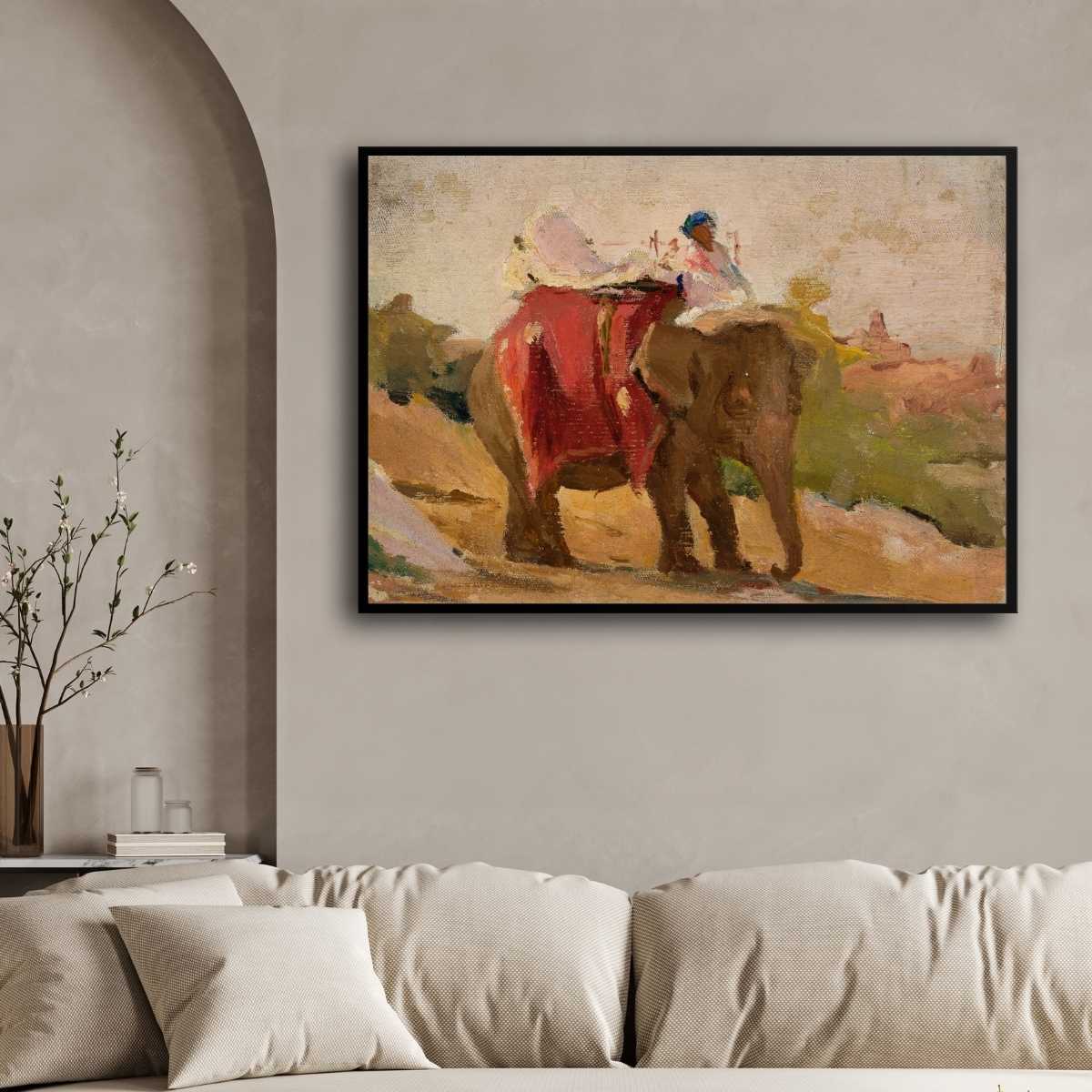 Classical Chittorgarh Elephant Oil Painting | Horizontal Framed Print 4 : 3 Horizontal Premium Wall Art Canvas by MeriDeewar