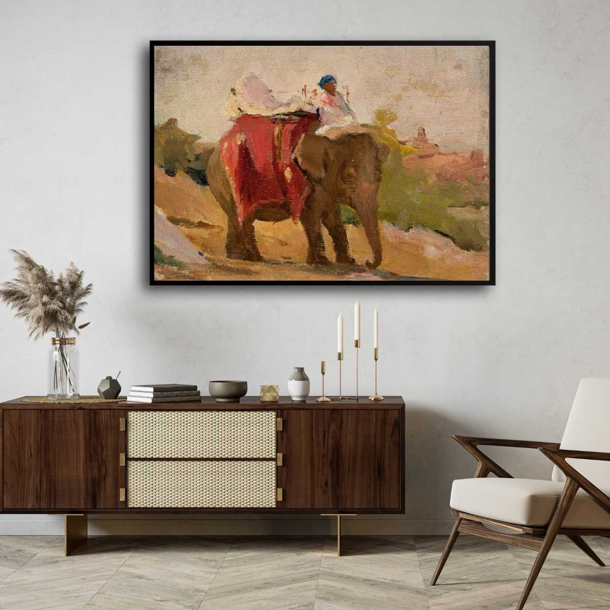 Classical Chittorgarh Elephant Oil Painting | Horizontal Framed Print 4 : 3 Horizontal Premium Wall Art Canvas by MeriDeewar
