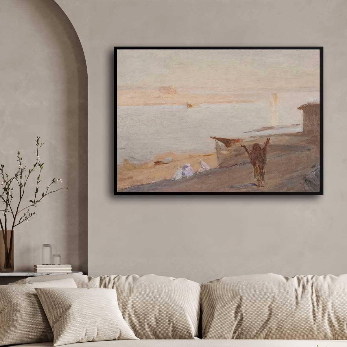 Classical Ganges River Devotion Oil Painting | Horizontal Framed Print 4 : 3 Horizontal Premium Wall Art Canvas by MeriDeewar