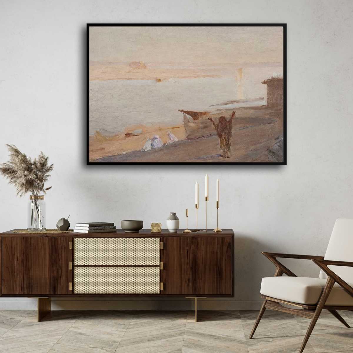 Classical Ganges River Devotion Oil Painting | Horizontal Framed Print 4 : 3 Horizontal Premium Wall Art Canvas by MeriDeewar