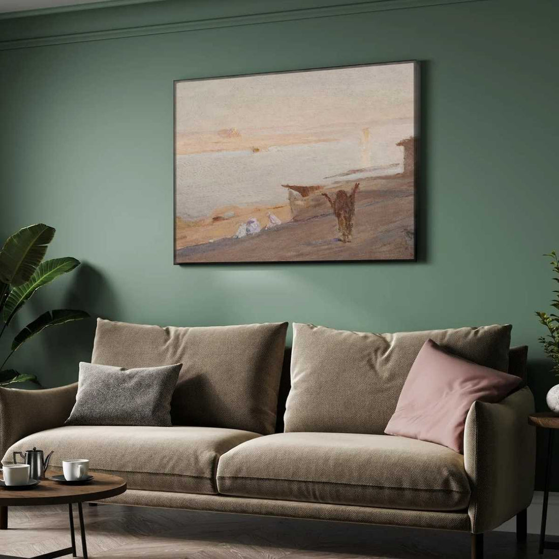 Classical Ganges River Devotion Oil Painting | Horizontal Framed Print 4 : 3 Horizontal Premium Wall Art Canvas by MeriDeewar