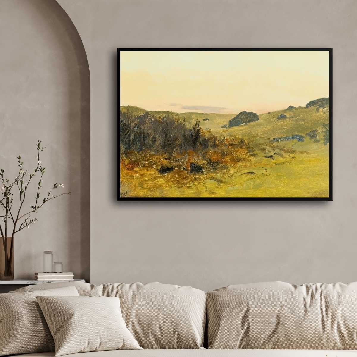 Classical Golden Moorland Landscape Oil Painting | Horizontal Framed Print 4 : 3 Horizontal Premium Wall Art Canvas by MeriDeewar