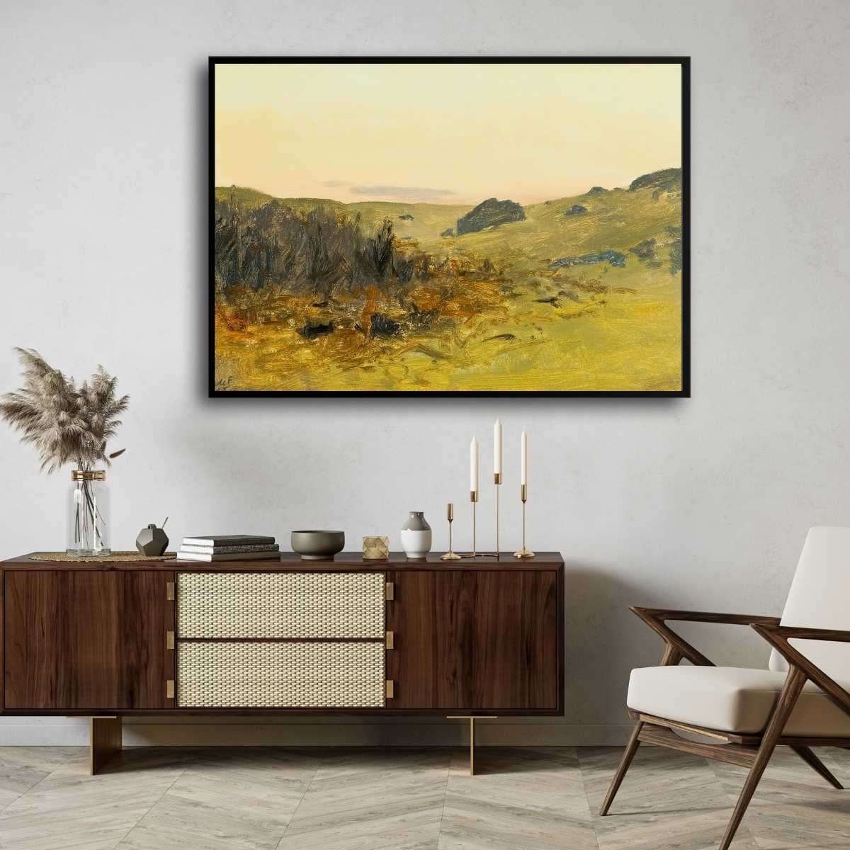 Classical Golden Moorland Landscape Oil Painting | Horizontal Framed Print 4 : 3 Horizontal Premium Wall Art Canvas by MeriDeewar
