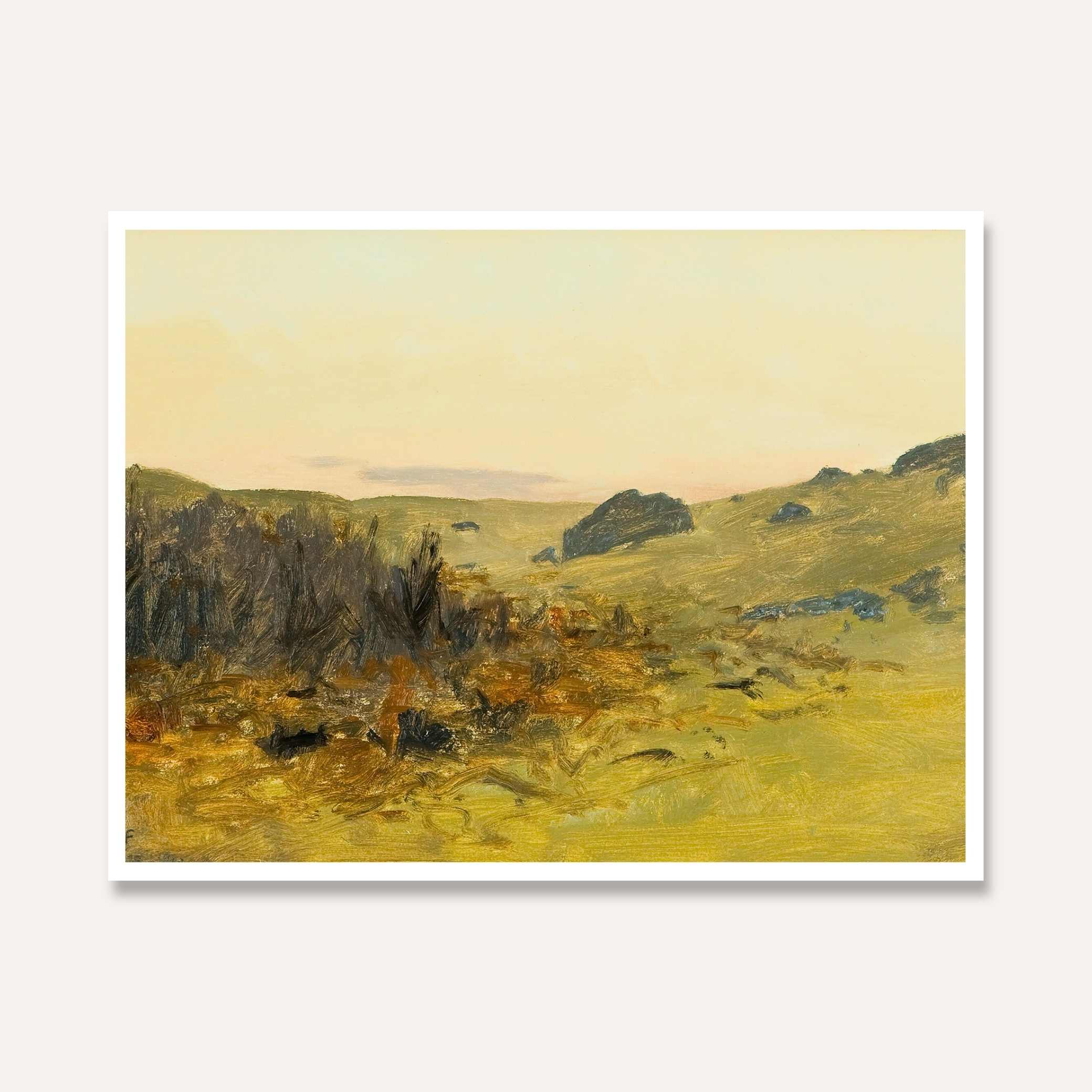 Classical Golden Moorland Landscape Oil Painting | Horizontal Framed Print 4 : 3 Horizontal Premium Wall Art Canvas by MeriDeewar