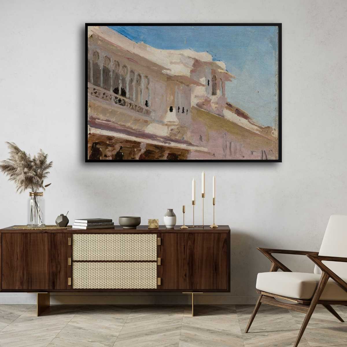 Classical Indian Palace Architecture Oil Painting | Horizontal Framed Print 4 : 3 Horizontal Premium Wall Art Canvas by MeriDeewar