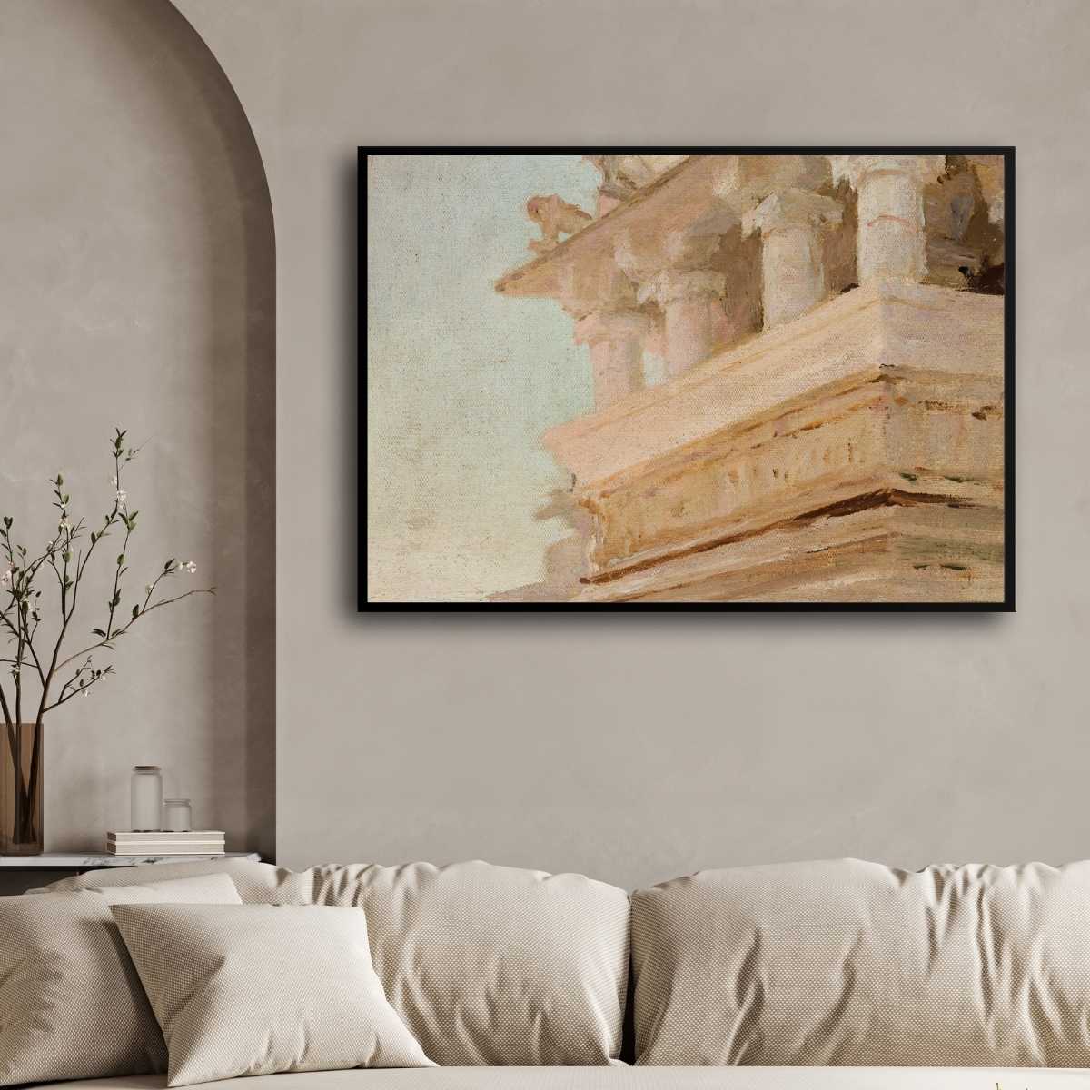 Classical Indian Temple Pillar Detail Oil Painting | Horizontal Framed Print 4 : 3 Horizontal Premium Wall Art Canvas by MeriDeewar