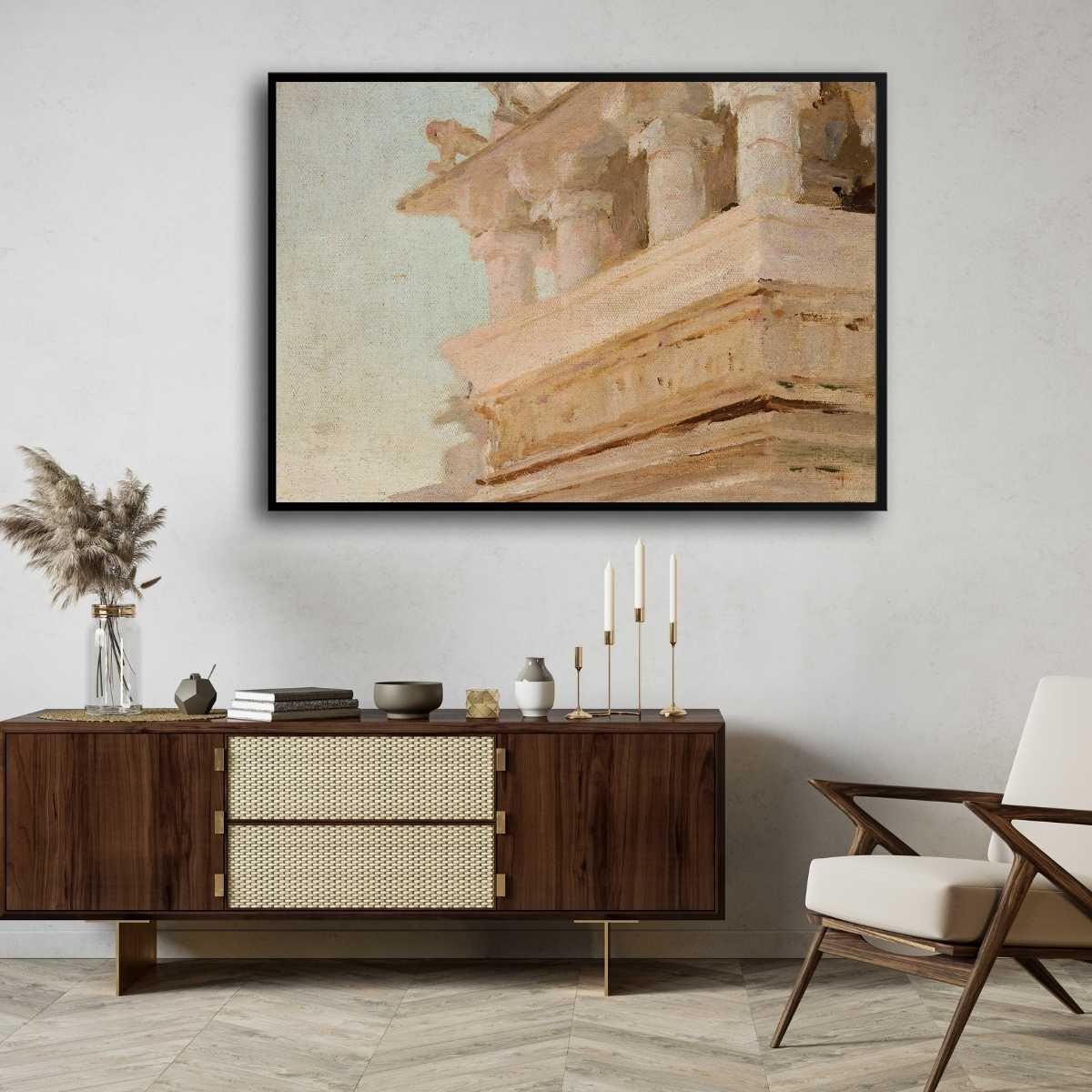Classical Indian Temple Pillar Detail Oil Painting | Horizontal Framed Print 4 : 3 Horizontal Premium Wall Art Canvas by MeriDeewar