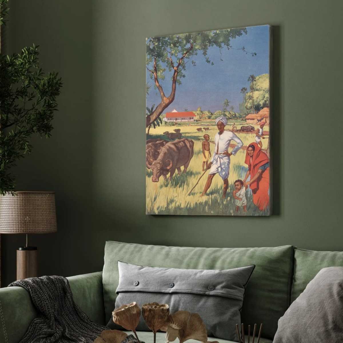 Classical Indian Village Farming Family Painting | Vertical Framed Print 3 : 4 Vertical Premium Wall Art Canvas by MeriDeewar
