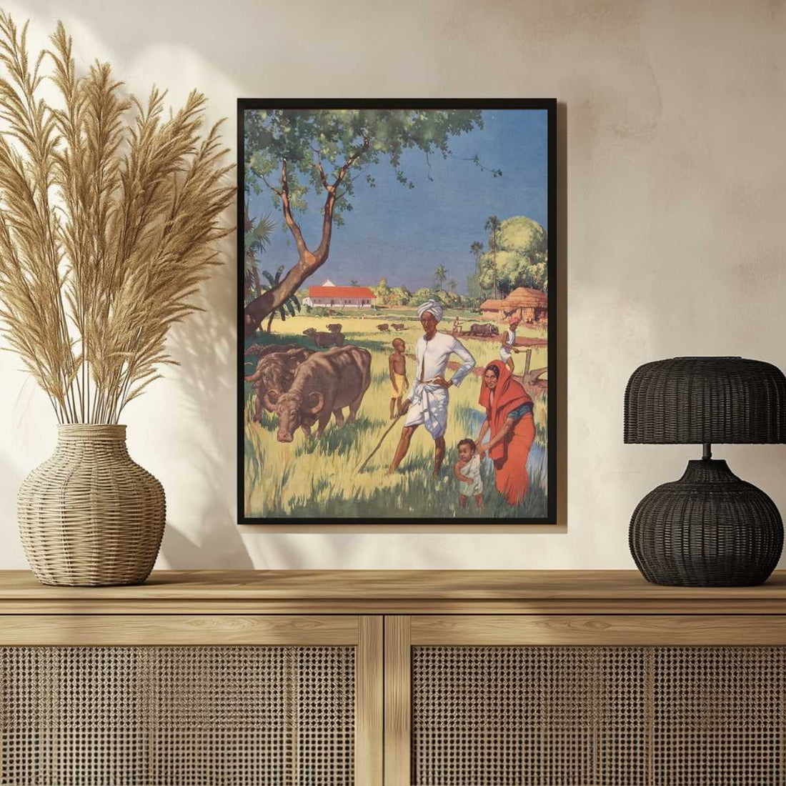 Classical Indian Village Farming Family Painting | Vertical Framed Print 3 : 4 Vertical Premium Wall Art Canvas by MeriDeewar