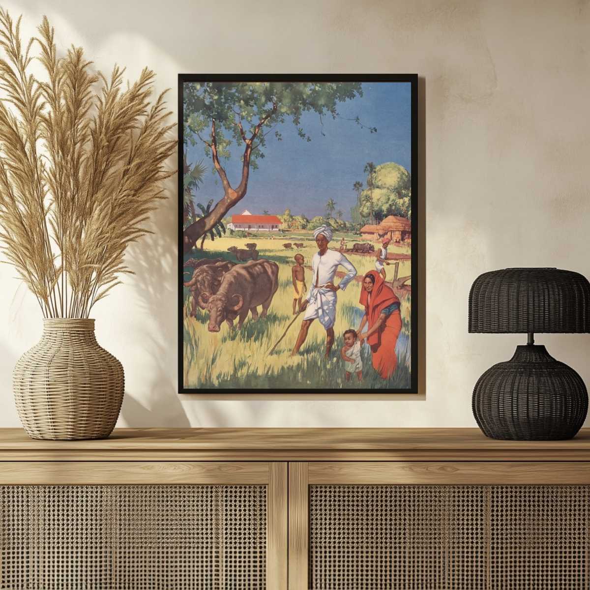 Classical Indian Village Farming Family Painting | Vertical Framed Print 3 : 4 Vertical Premium Wall Art Canvas by MeriDeewar