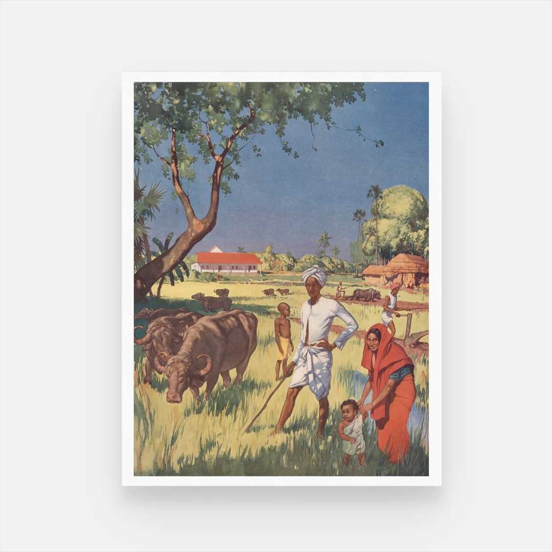 Classical Indian Village Farming Family Painting | Vertical Framed Print 3 : 4 Vertical Premium Wall Art Canvas by MeriDeewar