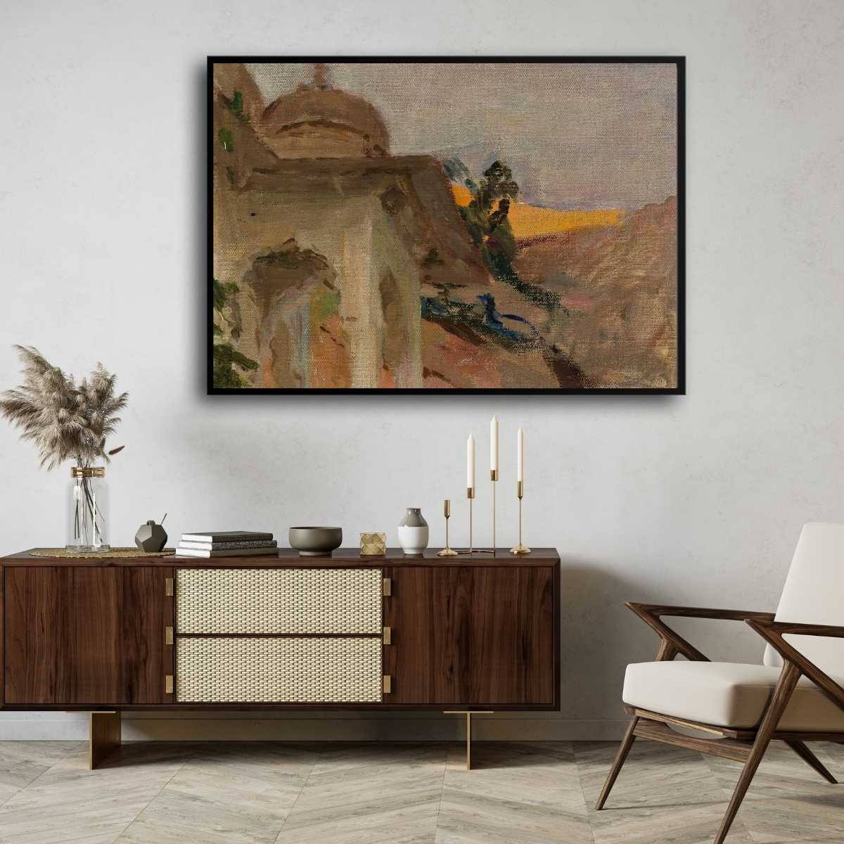 Classical Jaipur Palace with Peacock Oil Painting | Horizontal Framed Print 4 : 3 Horizontal Premium Wall Art Canvas by MeriDeewar