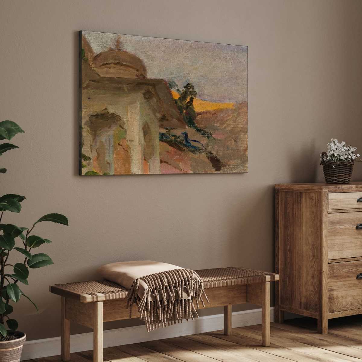 Classical Jaipur Palace with Peacock Oil Painting | Horizontal Framed Print 4 : 3 Horizontal Premium Wall Art Canvas by MeriDeewar