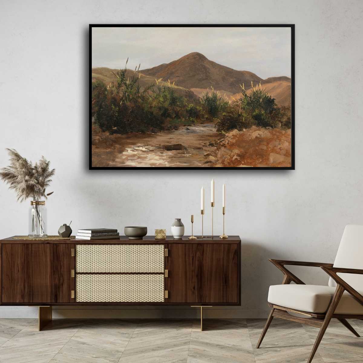 Classical Mountain Stream Landscape Oil Painting | Horizontal Framed Print 4 : 3 Horizontal Premium Wall Art Canvas by MeriDeewar
