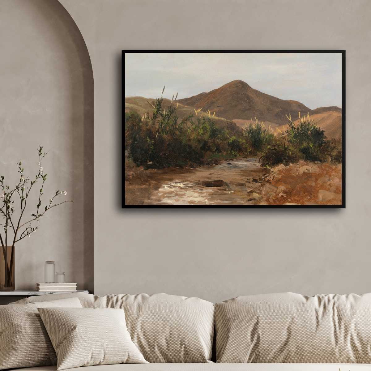 Classical Mountain Stream Landscape Oil Painting | Horizontal Framed Print 4 : 3 Horizontal Premium Wall Art Canvas by MeriDeewar