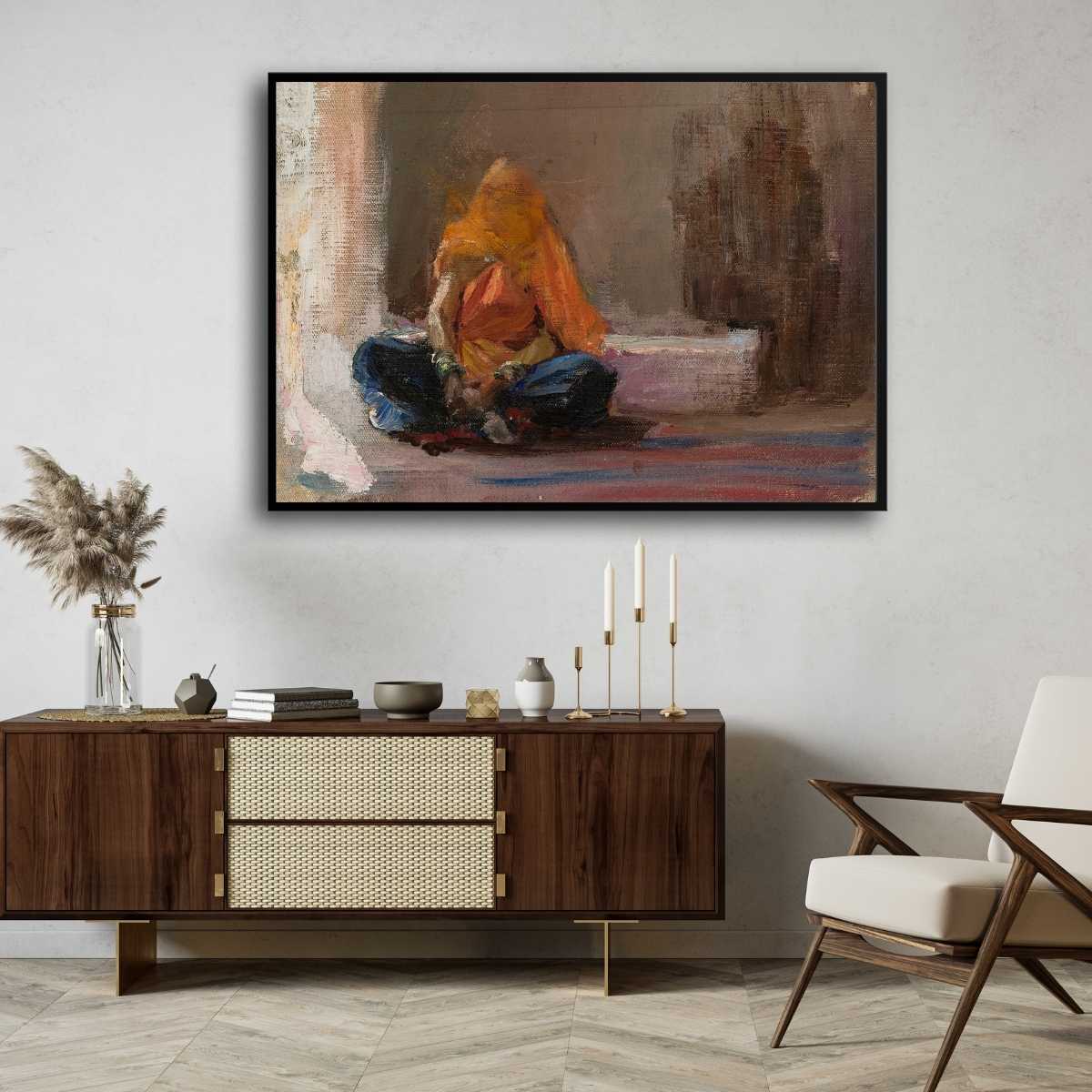 Classical Seated Indian Woman Oil Painting | Horizontal Framed Print 4 : 3 Horizontal Premium Wall Art Canvas by MeriDeewar