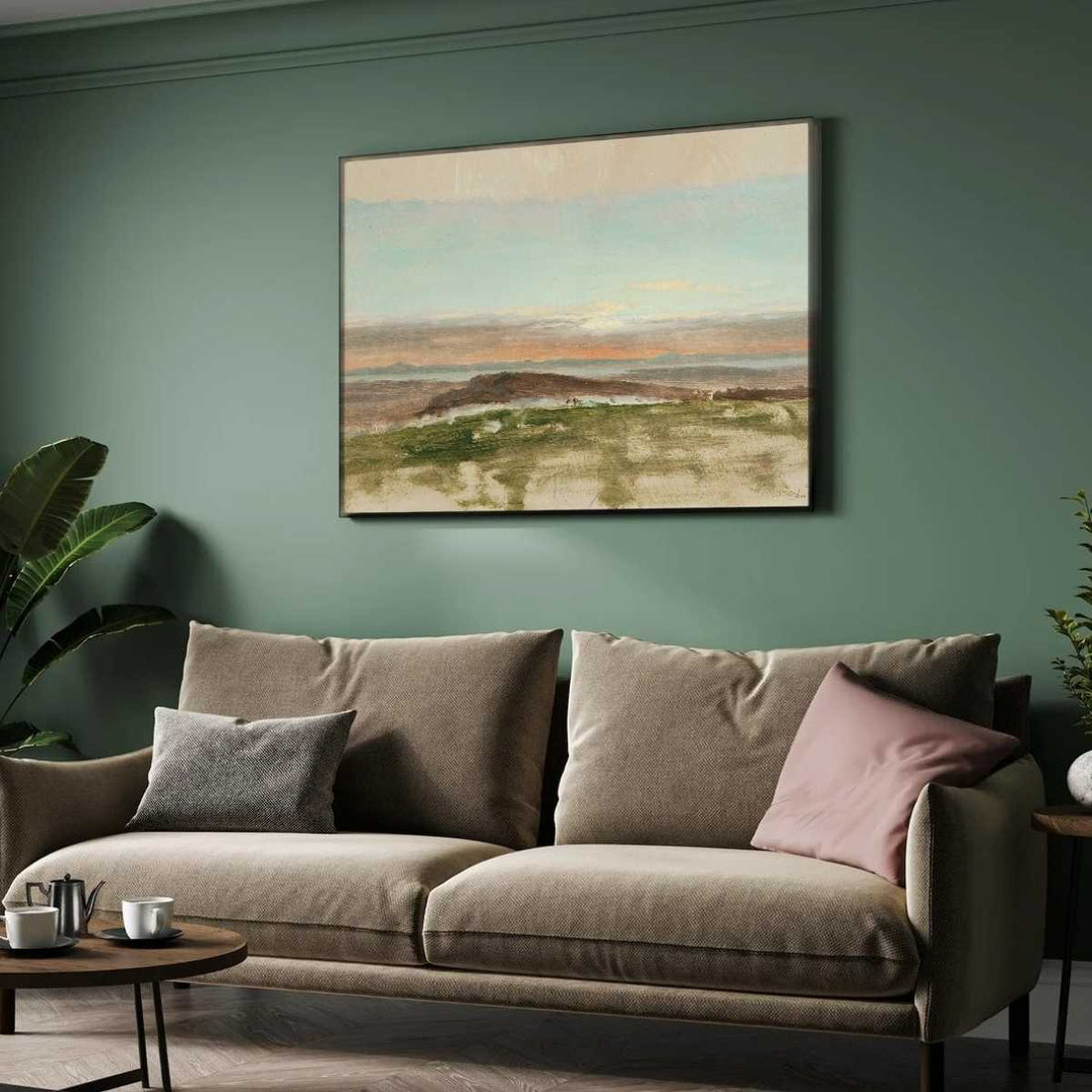 Classical Sunset Horizon Landscape Oil Painting | Horizontal Framed Print 4 : 3 Horizontal Premium Wall Art Canvas by MeriDeewar