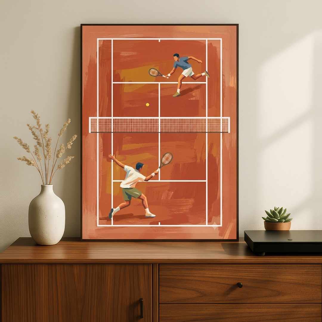 "Clay Court Tennis Match" Overhead Sports Art Poster | Vertical Borderless Art Frame Poster Premium Wall Art Canvas by MeriDeewar