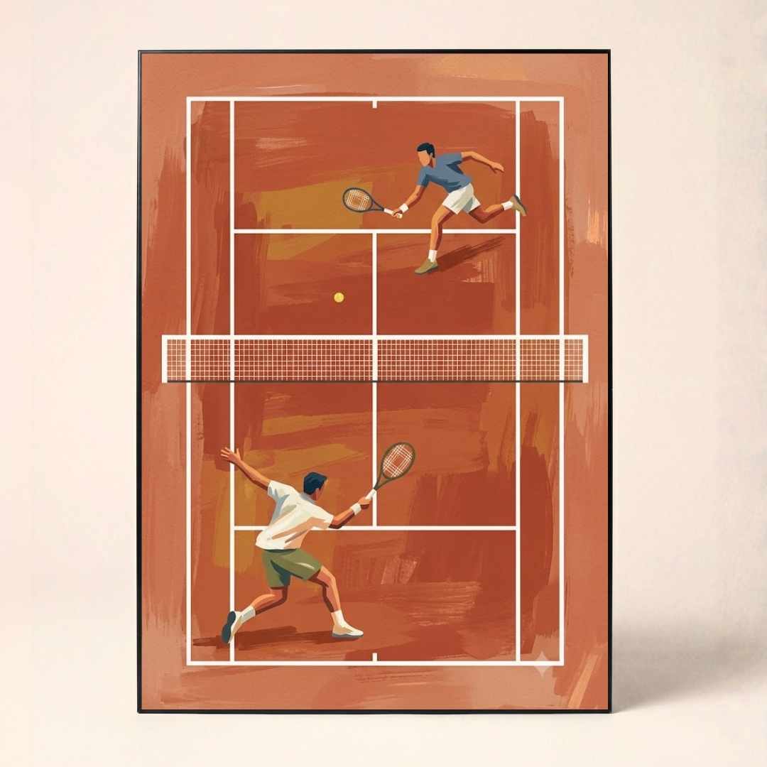 "Clay Court Tennis Match" Overhead Sports Art Poster | Vertical Borderless Art Frame Poster Premium Wall Art Canvas by MeriDeewar