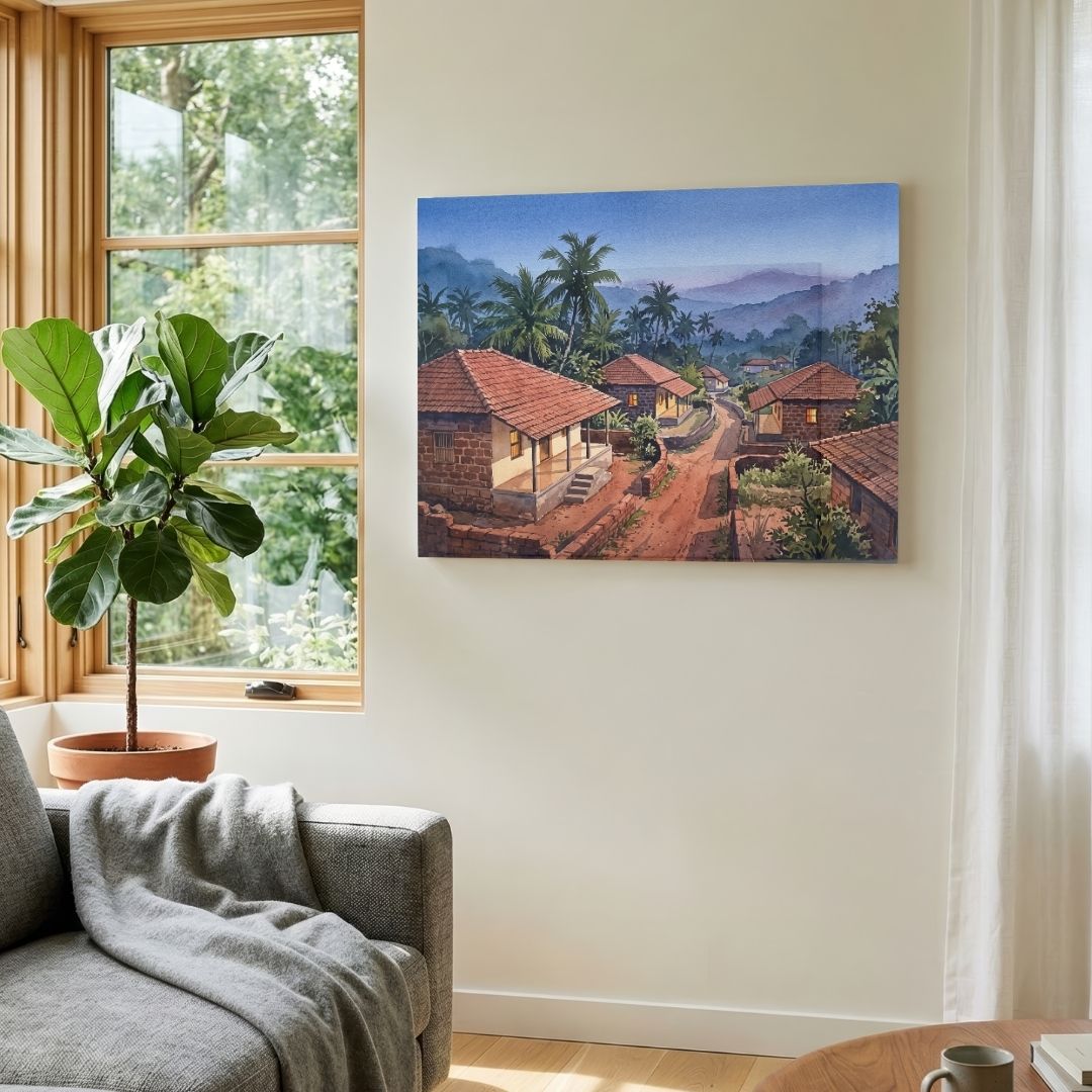 Coastal Homestead | Watercolor Landscape Framed Art Curate Premium Wall Art Canvas by MeriDeewar