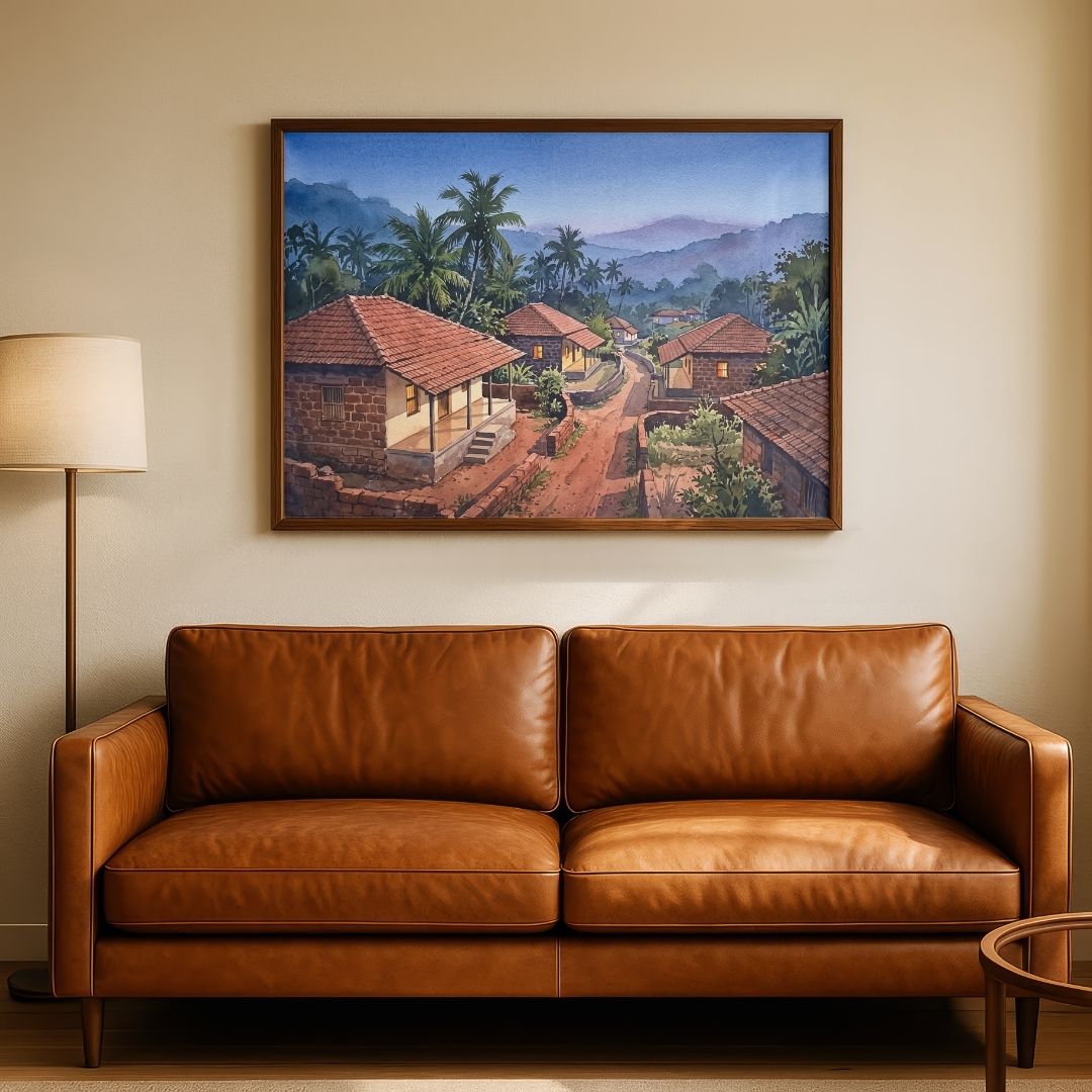 Coastal Homestead | Watercolor Landscape Framed Art Curate Premium Wall Art Canvas by MeriDeewar