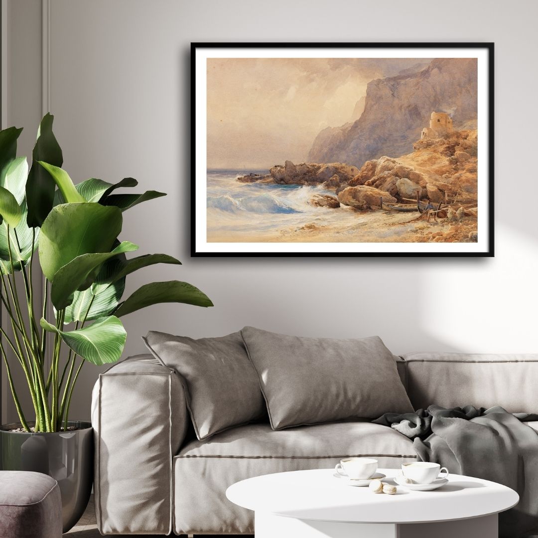Coastal Serenity – Fisherman’s Cove by the Cliffs 2 : 3 Horizontal Premium Wall Art Canvas by MeriDeewar