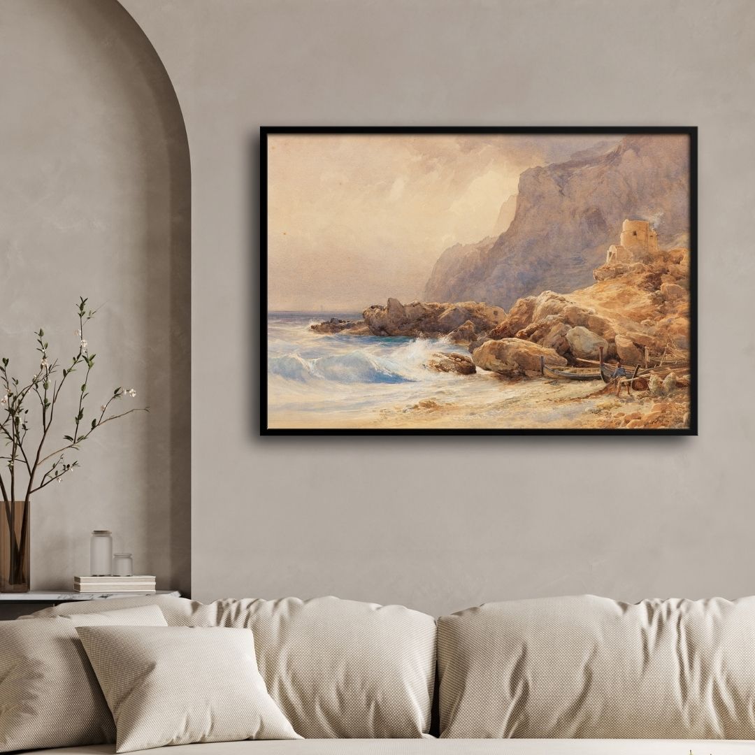 Coastal Serenity – Fisherman’s Cove by the Cliffs 2 : 3 Horizontal Premium Wall Art Canvas by MeriDeewar