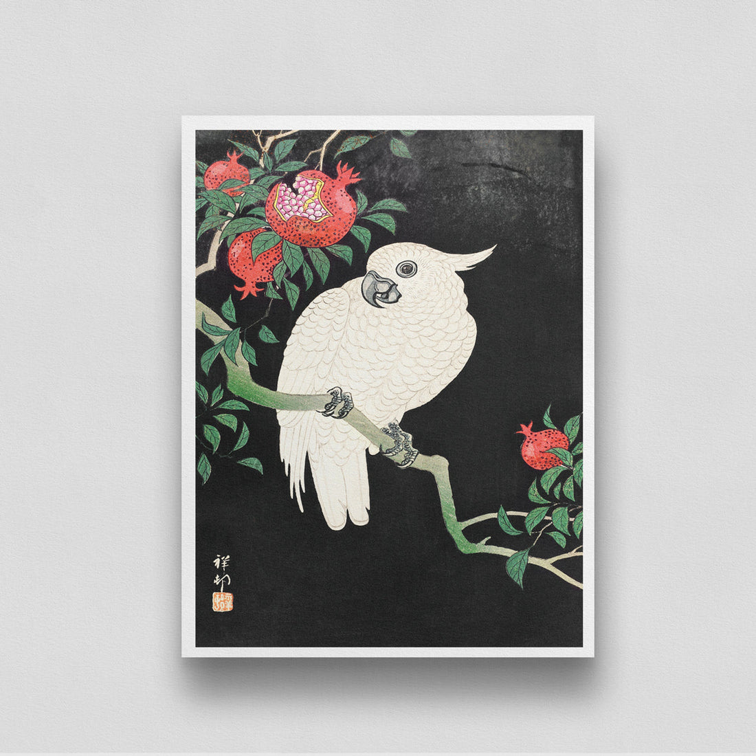 Cockatoo and Pomegranate by Ohara Koson 3 : 4 Vertical New Premium Wall Art Canvas by MeriDeewar