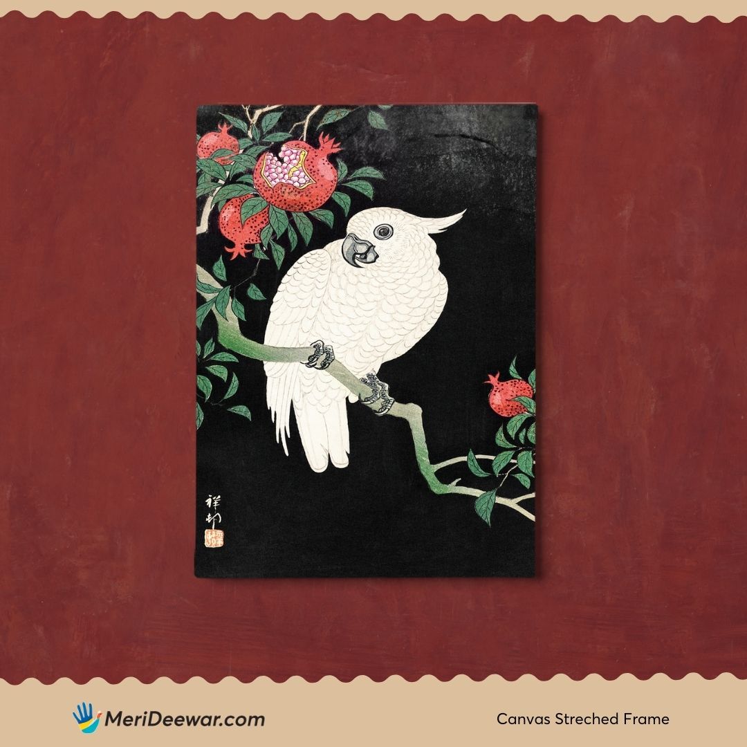 Cockatoo and Pomegranate by Ohara Koson 3 : 4 Vertical New Premium Wall Art Canvas by MeriDeewar