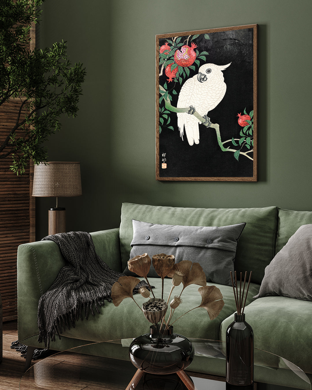 Cockatoo and Pomegranate by Ohara Koson 3 : 4 Vertical New Premium Wall Art Canvas by MeriDeewar