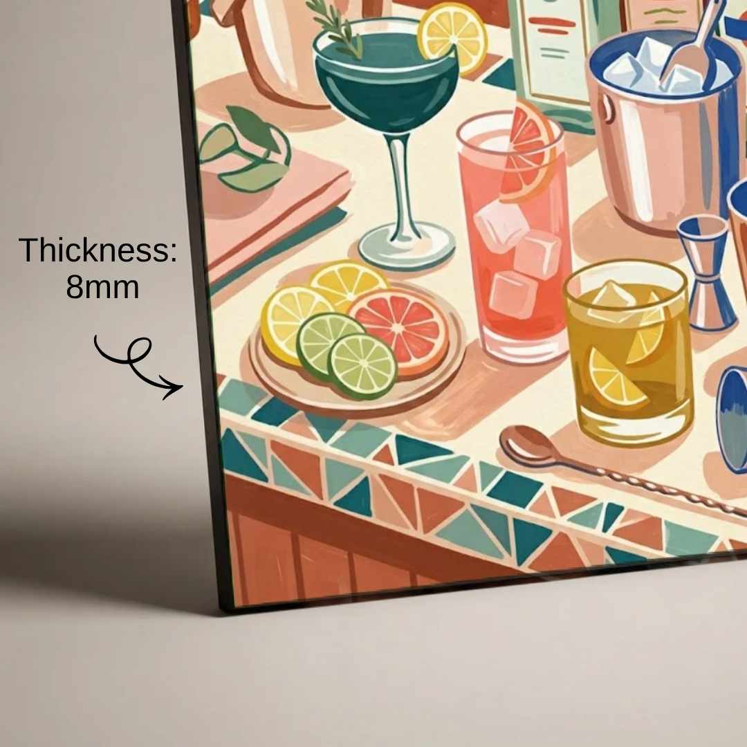 "Cocktail Hour Bar Cart" Vibrant Mixology Art Poster | Vertical Borderless Art Frame Poster Premium Wall Art Canvas by MeriDeewar
